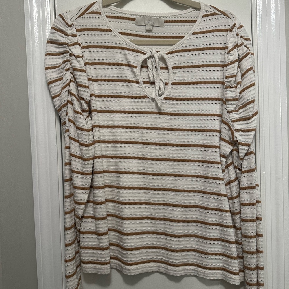 LOFT Women's White and Brown Striped Blouse